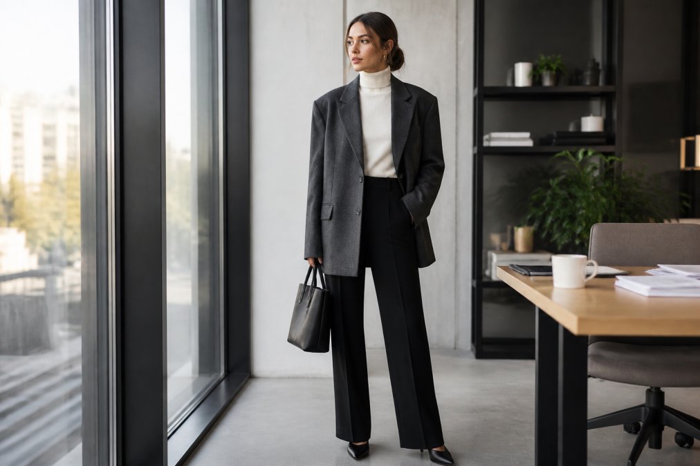 Professional woman wearing a charcoal oversized blazer with dropped shoulders, paired with black straight-leg trousers and a fitted cream turtleneck, standing in natural office lighting that shows the full silhouette and proportions