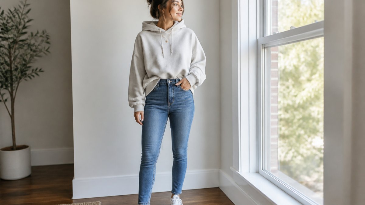 Woman in an oversized faith-based hoodie and high-waisted jeans styled with gold jewelry and white sneakers