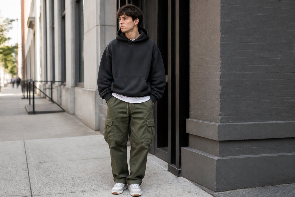 Young adult wearing an oversized faith-based hoodie with cargo pants, standing on an urban sidewalk in natural daylight, hands in pockets, relaxed posture
