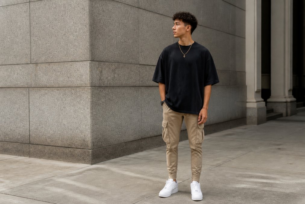 A young adult wearing an oversized graphic tee with fitted cargo pants and sneakers, standing in an urban setting with neutral tones and soft natural light