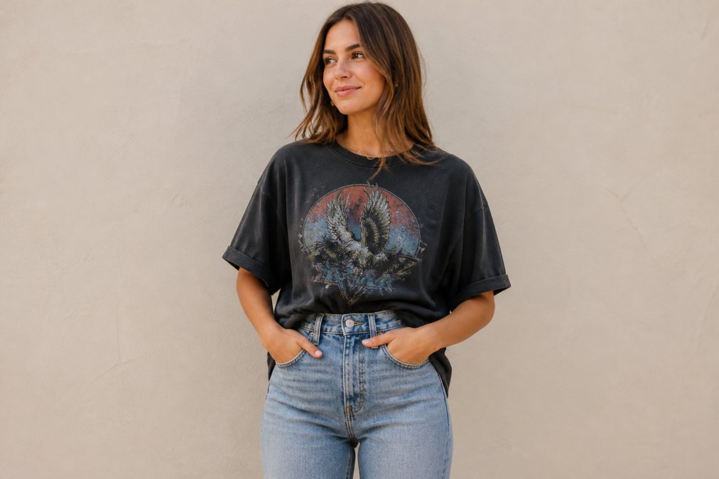 A young woman demonstrating a front tuck on an oversized graphic tee paired with high-waisted denim jeans, standing against a neutral background in warm natural light