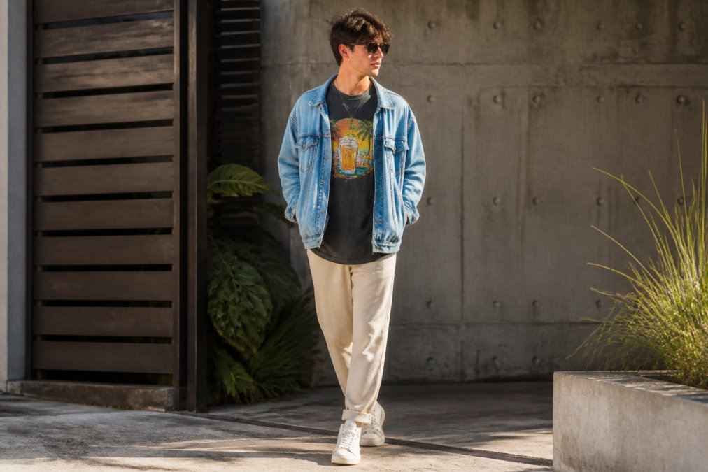 A stylish young man wearing an oversized graphic tee under an open denim jacket with white sneakers, photographed outdoors on a sunny day with warm natural light and a casual streetwear aesthetic