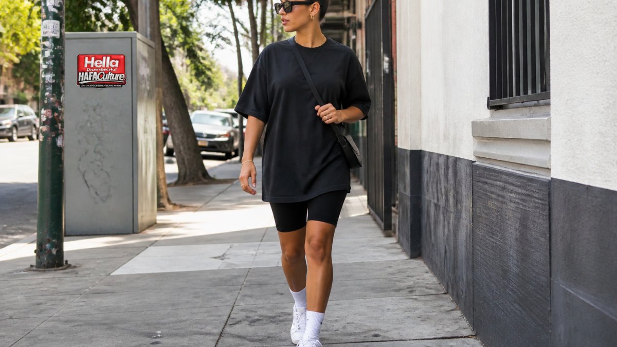 A person in an oversized graphic tee with biker shorts and white sneakers walking on a city sidewalk in summer, crossbody bag visible, casual streetwear styling, natural daylight