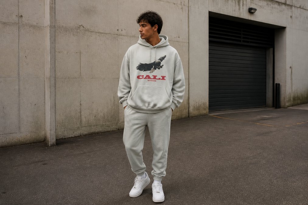 Man wearing oversized hoodie with tapered joggers and clean white sneakers, standing outdoors in urban setting with natural daylight, showing balanced proportions in streetwear styling