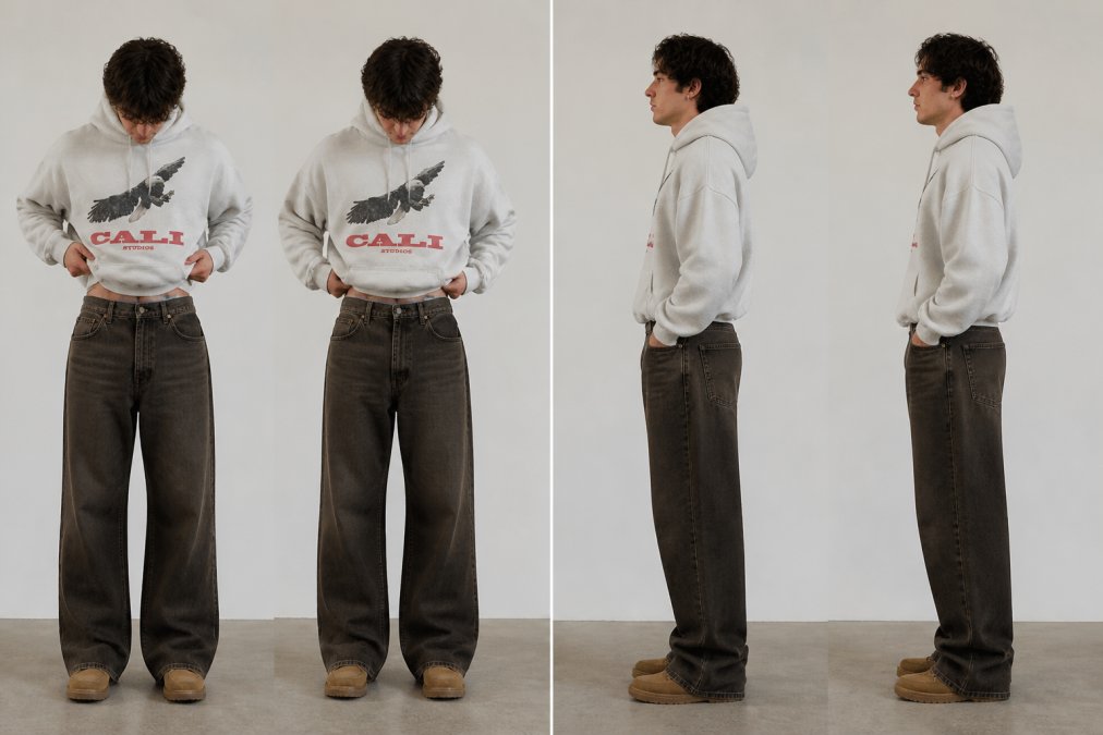 Close-up demonstrating front tuck and half-tuck methods with oversized hoodie, showing hand placement and resulting silhouette from front and side angles