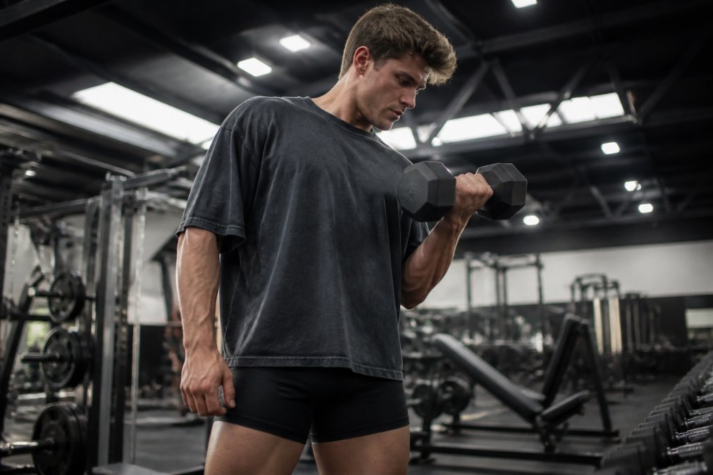 An athletic person mid-dumbbell curl in a gym wearing a vintage-washed oversized pump cover tee with fitted black shorts, the loose top contrasting with the fitted bottom under bright overhead gym lighting