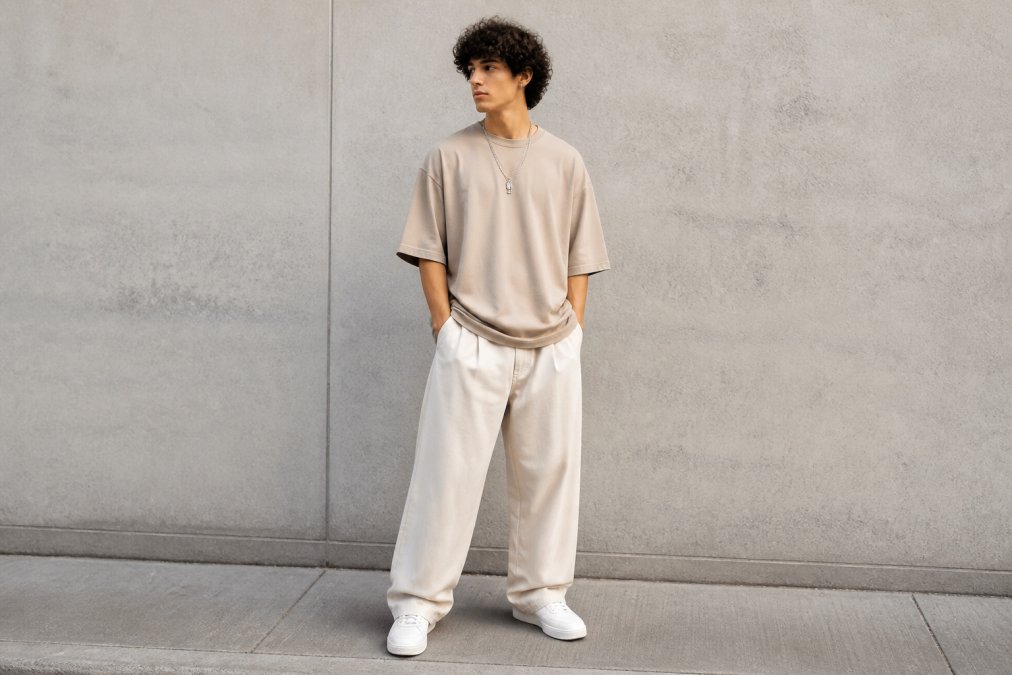 A young man in an oversized neutral-toned t-shirt and wide-leg trousers standing against a clean urban wall, with a layered silver chain and clean white sneakers, natural daylight