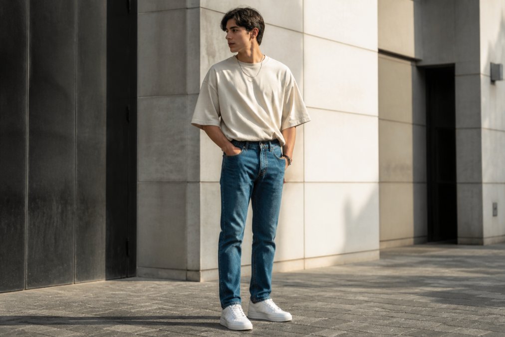 Person wearing an oversized tee tucked into fitted straight-leg jeans, standing in natural light showing balanced proportions and clean silhouette