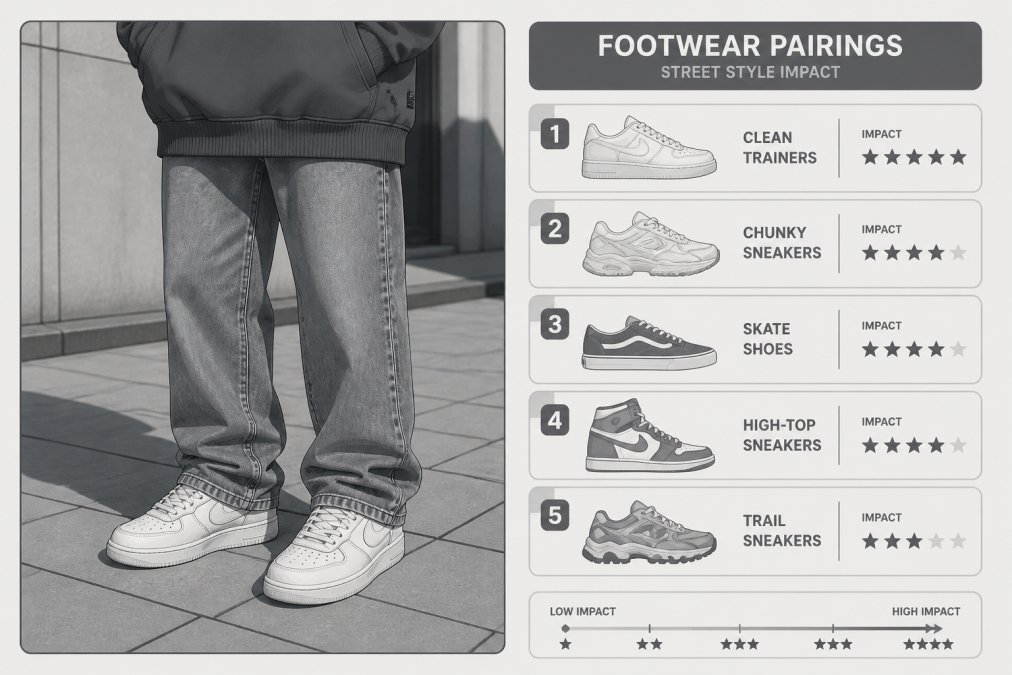 Close-up of feet and lower legs showing an oversized hoodie paired with clean trainers and straight-leg jeans on a city pavement, natural daylight casting shadows