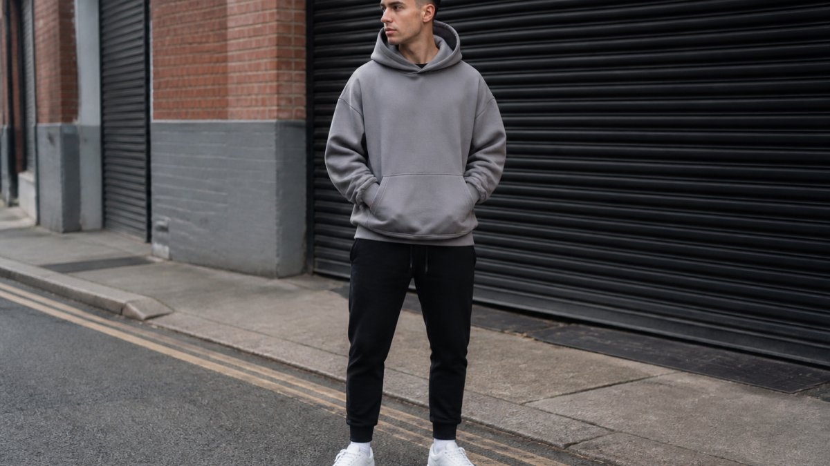 Young man wearing an oversized grey hoodie paired with slim-fit black joggers and white trainers, standing in an urban street setting with natural daylight, demonstrating balanced proportions in streetwear styling
