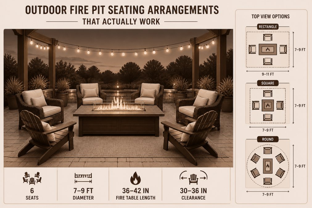 A styled outdoor patio at dusk with a rectangular propane fire table at the center, surrounded by wicker lounge chairs and Adirondack chairs with neutral linen cushions, warm string lights strung overhead between wooden posts, and a woven outdoor rug anchoring the conversation set on a stone paver surface