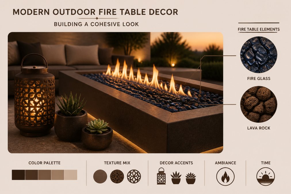 Close-up of a luxury rectangular fire table filled with cobalt blue fire glass and natural lava rock, flames glowing amber at dusk, with a ceramic lantern and small potted succulents arranged on the surrounding stone hardscaping, warm golden-hour light falling across the scene
