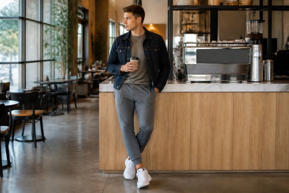 A person in a neutral-colored performance top and joggers, paired with a structured denim jacket and minimalist sneakers, standing in a bright, modern coffee shop
