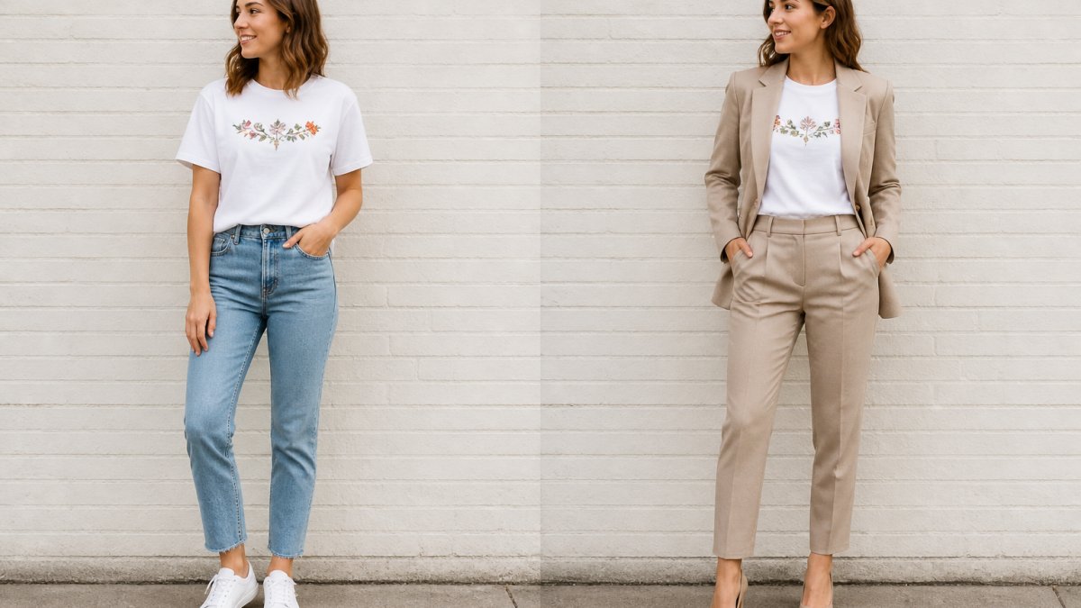 Infographic demonstrating two ways to style a graphic tee with casual denim or a polished blazer.