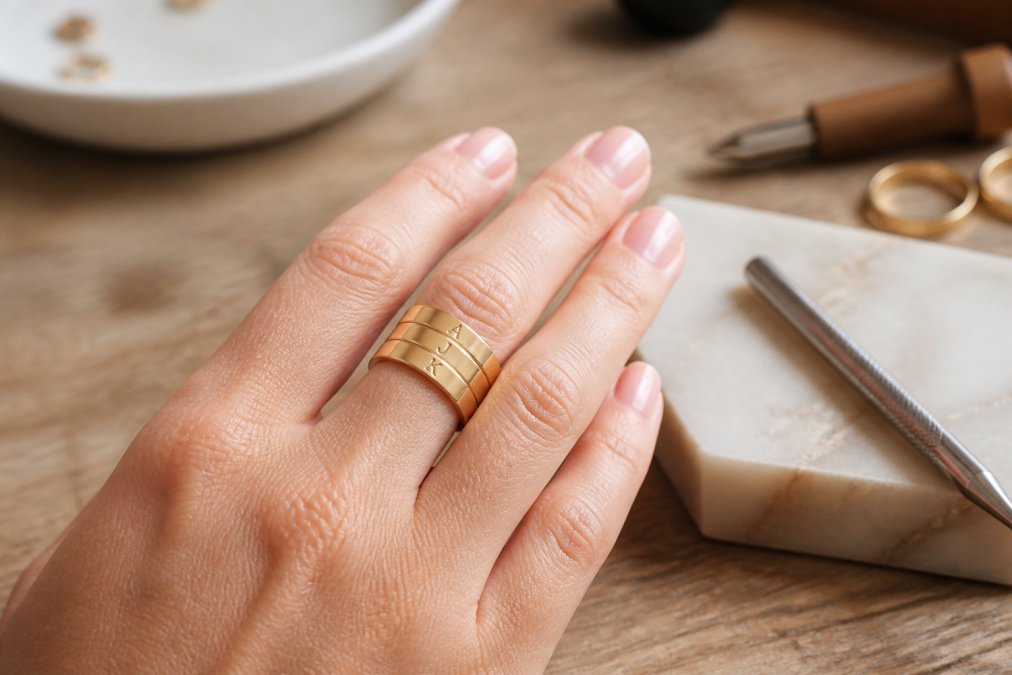 Close-up of a woman's hand wearing three stacked gold initial rings of varying widths on her ring finger, with soft natural light highlighting the engraved letters