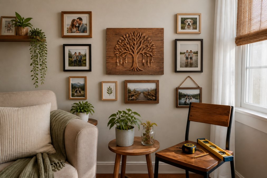 A styled gallery wall in a cozy living room corner featuring a personalized wooden sign as the focal point, surrounded by framed photos and small plants, with a tape measure and level resting on a nearby chair to show the planning process