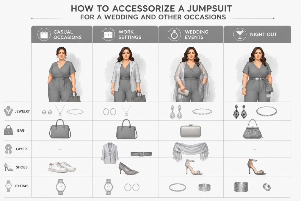 Watercolor accessory pairing matrix for jumpsuits showing: casual occasions (minimal jewelry, structured handbag, watch), work settings (blazer, belt, gold/silver jewelry, structured tote), wedding events (statement earrings, clutch, wrap/shawl, metallic accessories), night out (bold jewelry, evening bag, heels, metallic accents)