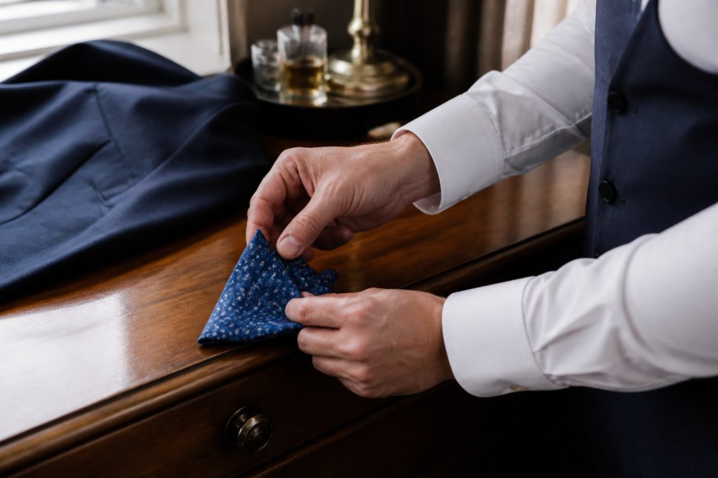 Close-up of a man's hands folding a silk pocket square into a three-point peak on a wooden dresser, with a navy suit jacket draped nearby in soft window light