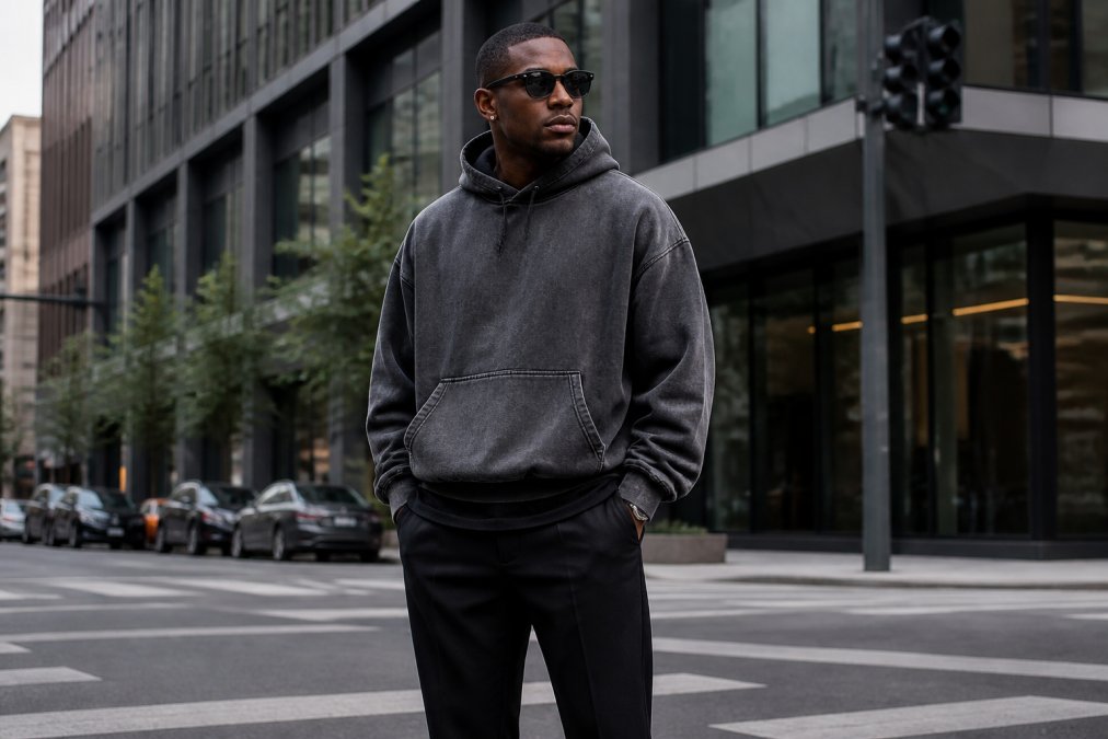 Urban professional wearing oversized premium snow-washed hoodie with tailored proportions, standing against a modern city backdrop, showing how relaxed fit creates visual interest with structured silhouettes