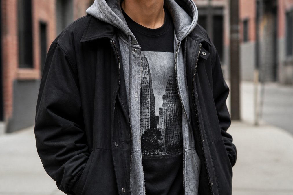 Close-up of carefully layered streetwear outfit showing textural contrast between smooth snow-washed fabric, graphic tee with bold city graphic, and premium structured outerwear, demonstrating color blocking and proportional balance in layering
