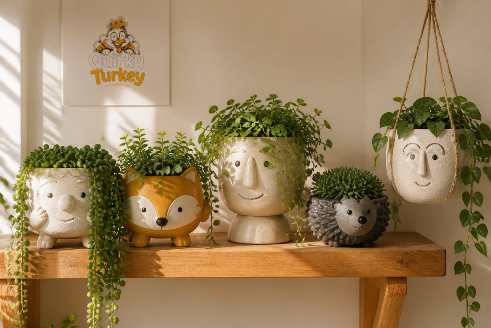 A sunlit shelf displaying a group of quirky character planters with trailing plants, a hedgehog bowl planter and a hanging face planter arranged at different heights against a neutral wall