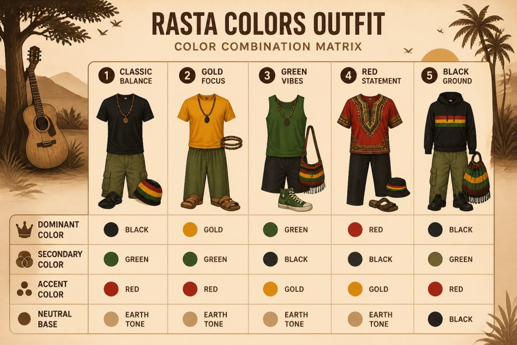 Infographic matrix showing five ways to combine rasta aesthetic clothing colors using dominant and accent tones.