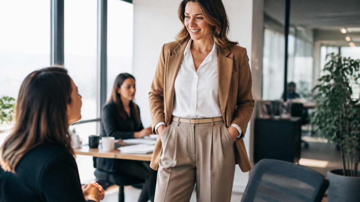 Professional woman wearing relaxed fit trousers with a crisp white tucked-in blouse and structured camel blazer, standing confidently in a modern office with natural window lighting