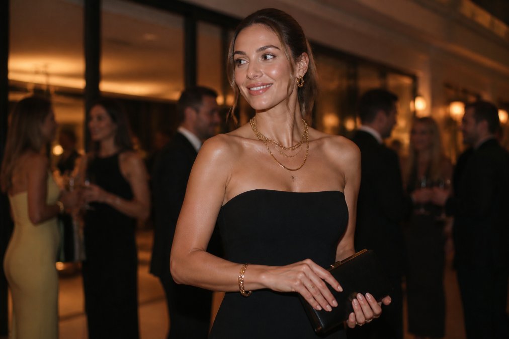 Woman wearing a sleek black strapless designer cocktail dress with layered gold jewellery and a structured clutch, posing confidently at an evening event with warm lighting
