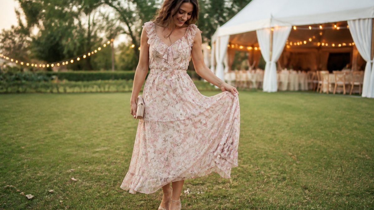 A woman in a flowing midi rental gown standing on a grassy outdoor wedding venue, holding the hem slightly above the grass to show the length and fabric drape, with a marquee and string lights softly blurred in the background
