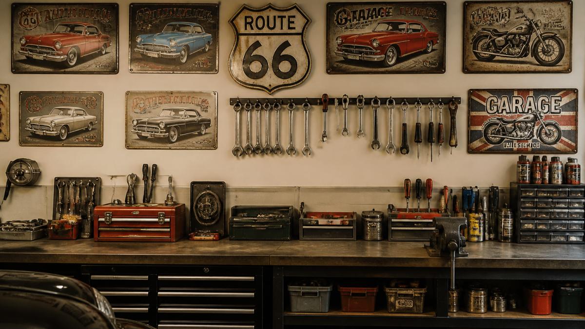 A well-organised garage wall displaying vintage metal signs, a Route 66 wall hanging, and classic car posters above a workbench, with tools neatly stored below