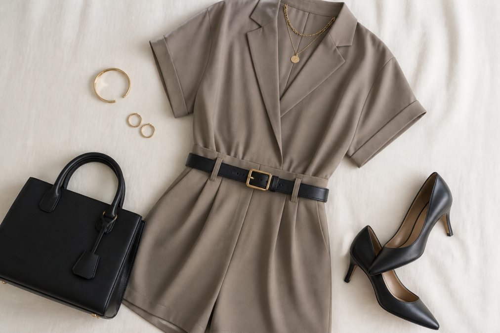 Close-up of a styled romper outfit showing layered accessories including a structured belt, minimalist jewelry, a professional handbag, and elegant footwear arranged on a neutral background with soft natural lighting