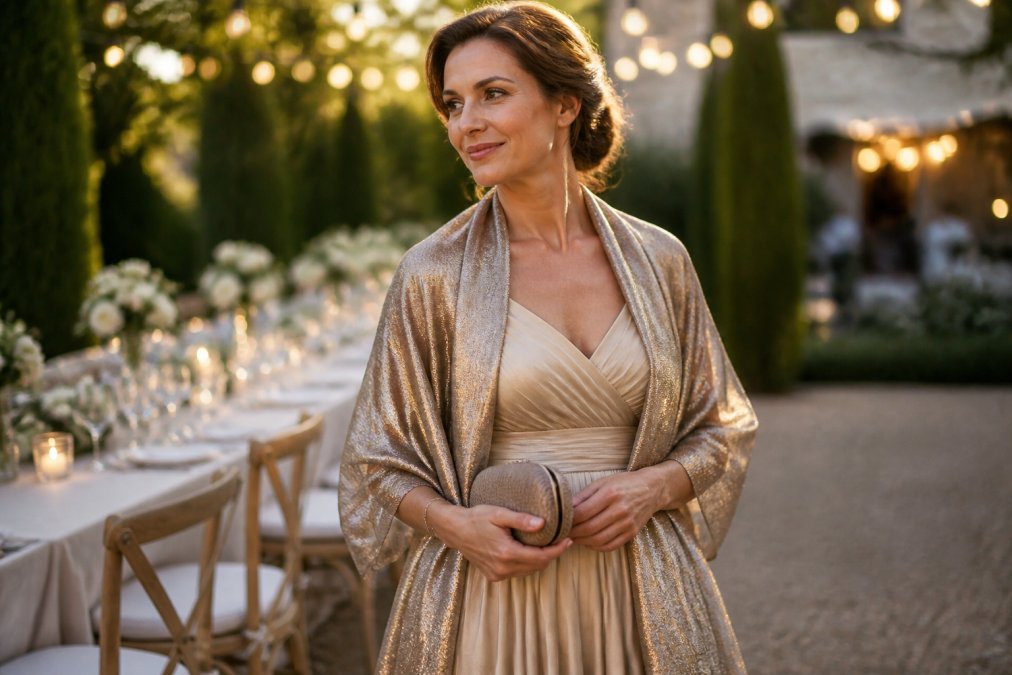A woman in a formal champagne evening dress at an outdoor wedding reception, wearing a metallic shawl draped elegantly over her shoulders, holding a small clutch, soft golden hour light