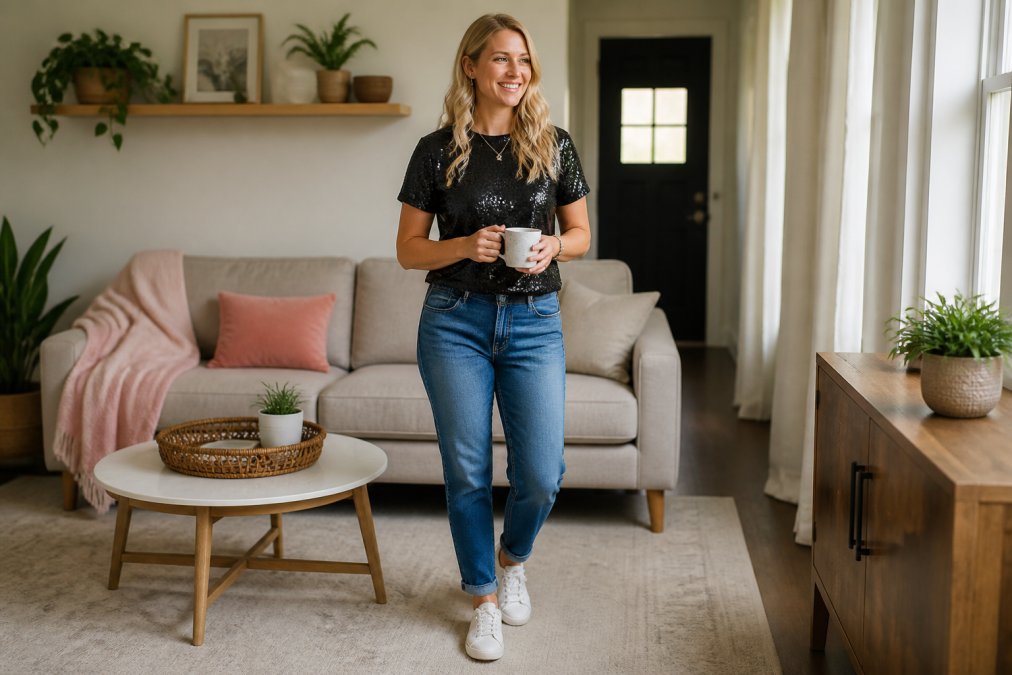 A woman in a black sequined top paired with blue jeans and white sneakers, standing in a bright, casual living room setting, holding a coffee mug