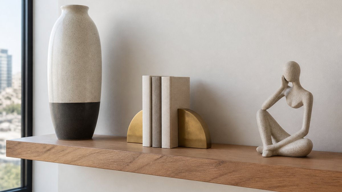 A close-up of a styled wooden floating shelf in a bright apartment, showing a tall ceramic vase, a small stack of books held by brass bookends, and a sculptural figurine with clear open space between each piece