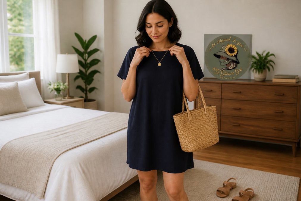 Woman in a navy shift dress accessorizing with a gold necklace and a woven tote bag in a bright bedroom