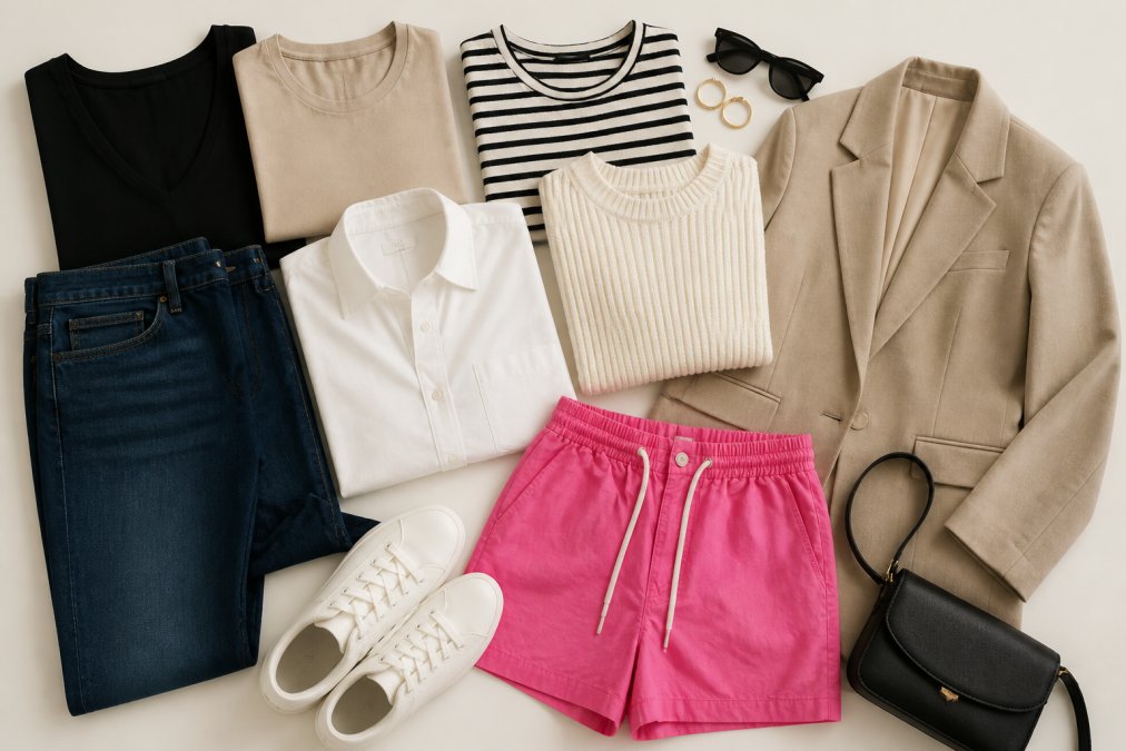 Flat lay of essential wardrobe basics including neutral-colored tops, well-fitting jeans, a structured blazer, and versatile accessories arranged on a light background