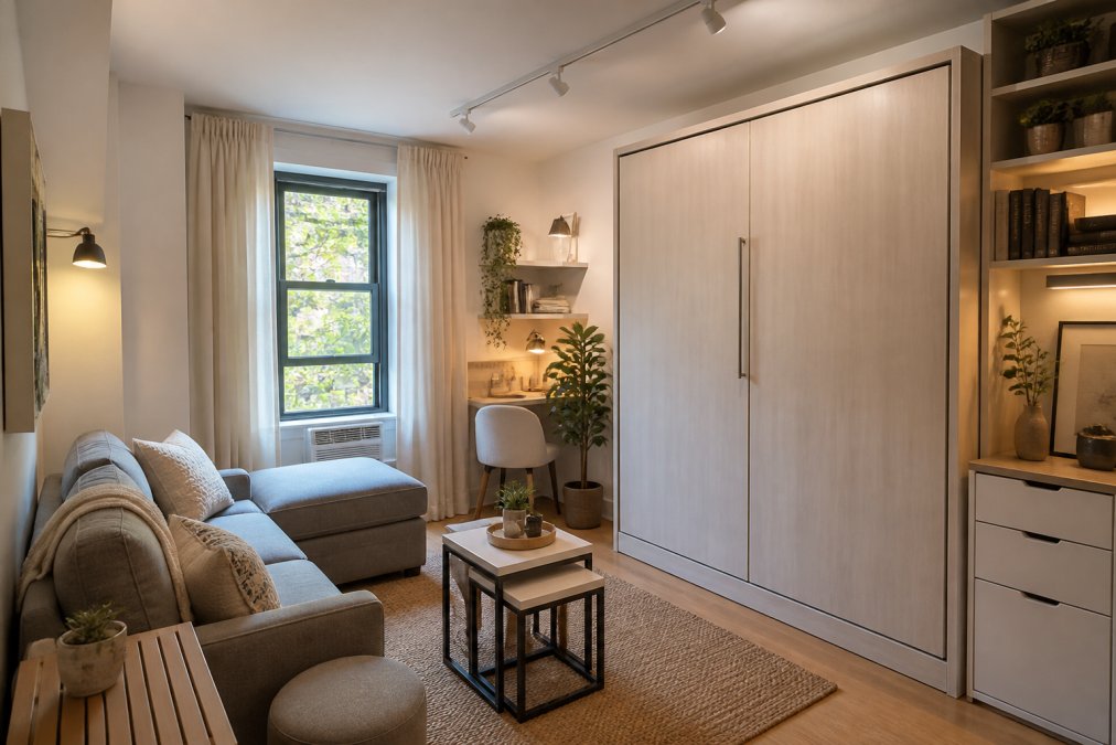 Small studio apartment with a Murphy bed folded up against the wall, revealing a compact living area with nesting tables stacked together, modular seating arranged to maximize floor space, and strategic lighting creating depth