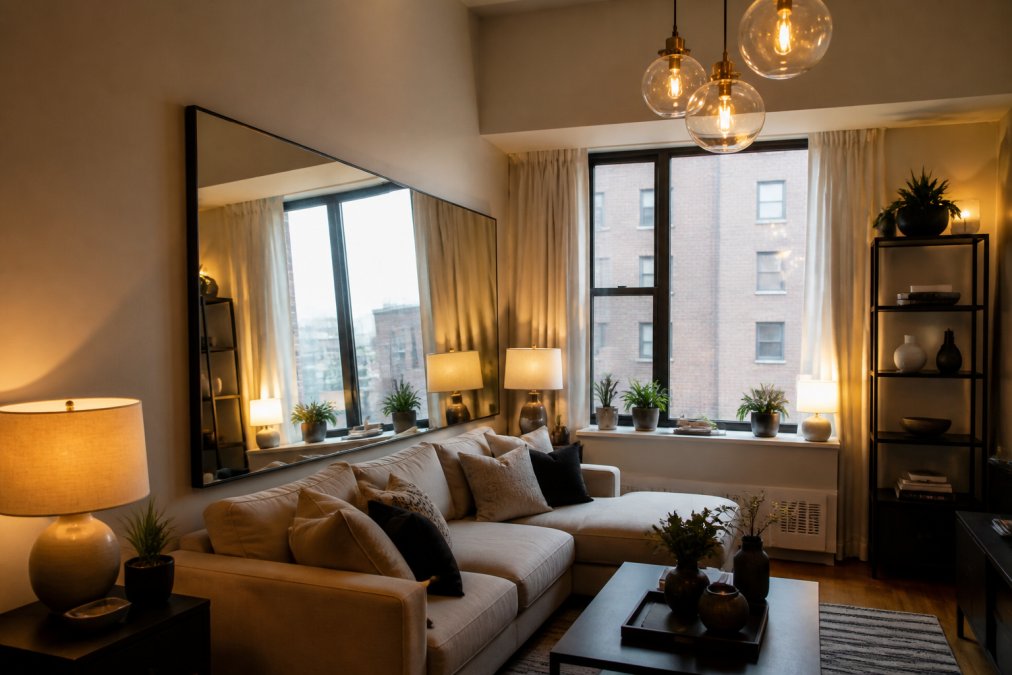 Small living room with an oversized mirror reflecting natural window light, pendant lighting fixtures hanging at varying heights, warm ambient lighting from table lamps creating layered illumination and visual depth throughout the space