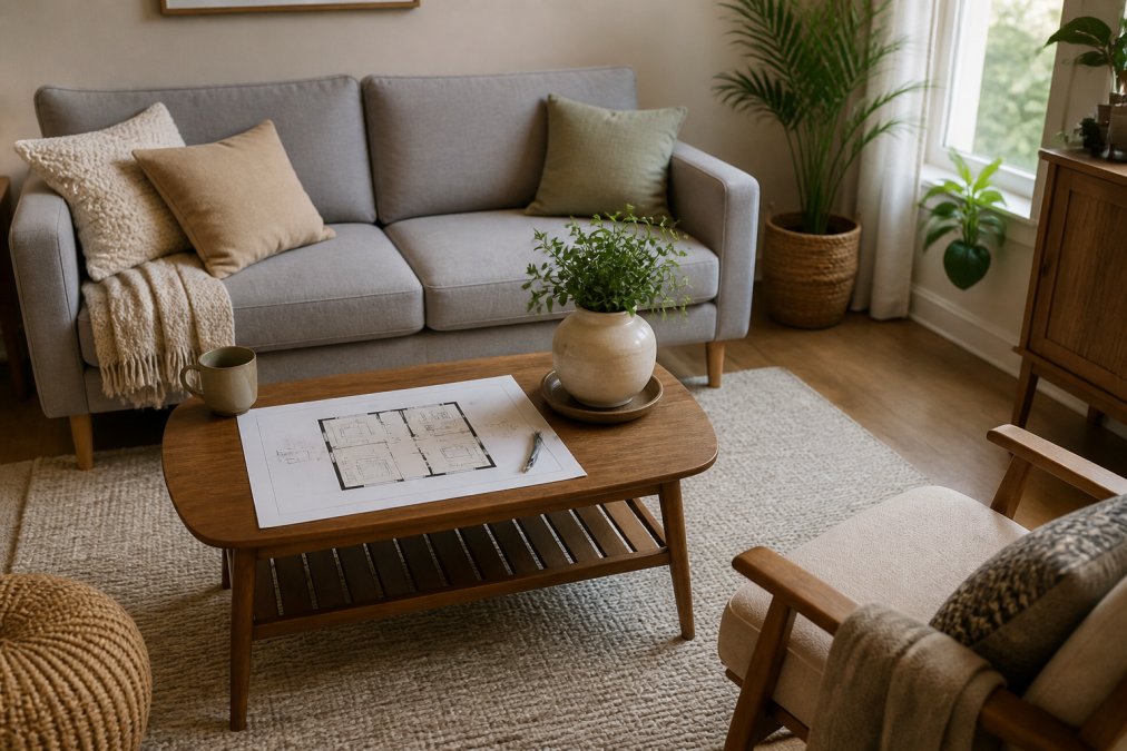 A well-styled small living room with a compact sofa, coffee table, and area rug, natural light from a window, plants, and a floor plan sketch on the coffee table, cozy modern and organized