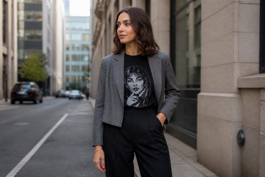 A stylish young adult wearing a snarky graphic tee with a cropped blazer and high-waisted trousers, standing confidently in an urban setting with natural light