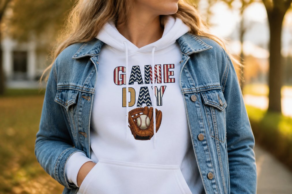 Close-up of someone wearing a sports hoodie layered under a denim jacket, showing texture mixing and proper layering technique for fall with visible fabric details and natural outdoor lighting