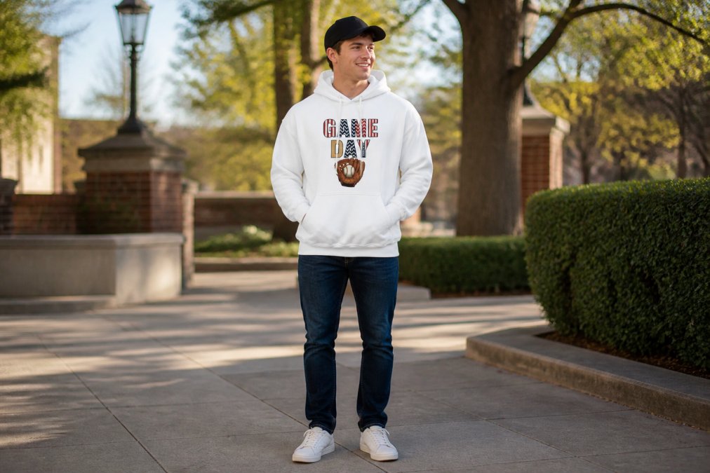 Person wearing a sports hoodie styled with low-top sneakers and a baseball cap, standing outdoors in casual smart-casual attire showing complete outfit styling with natural lighting