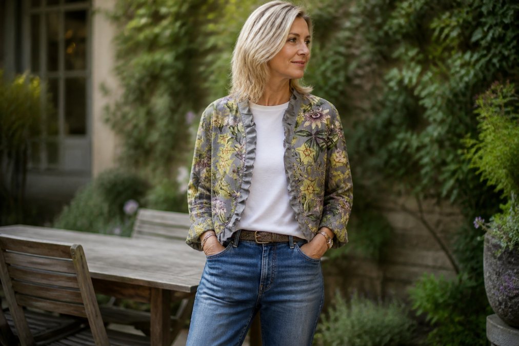 Woman wearing a bold patterned statement jacket over a white crew-neck tee and straight-leg jeans, standing in natural light with her hands in her pockets, showing how pattern and neutral pieces work together