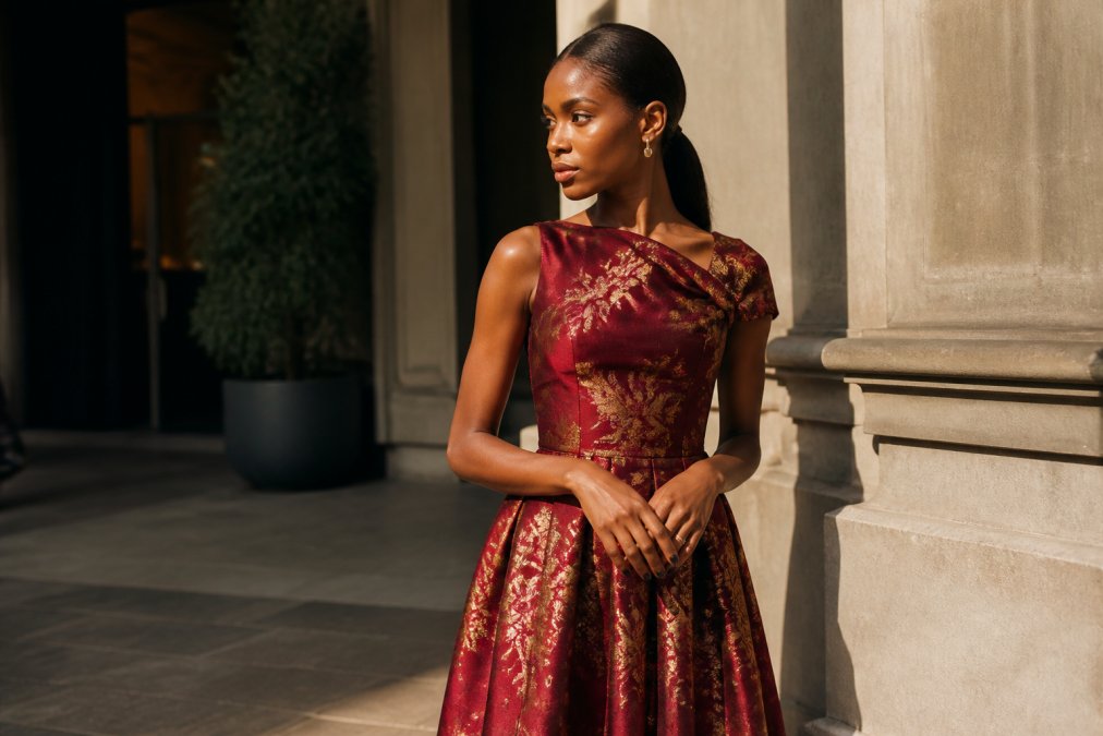 Woman wearing a luxurious burgundy and gold metallic jacquard statement dress with minimal jewelry, standing in soft natural light to showcase how the dress itself becomes the complete focal point