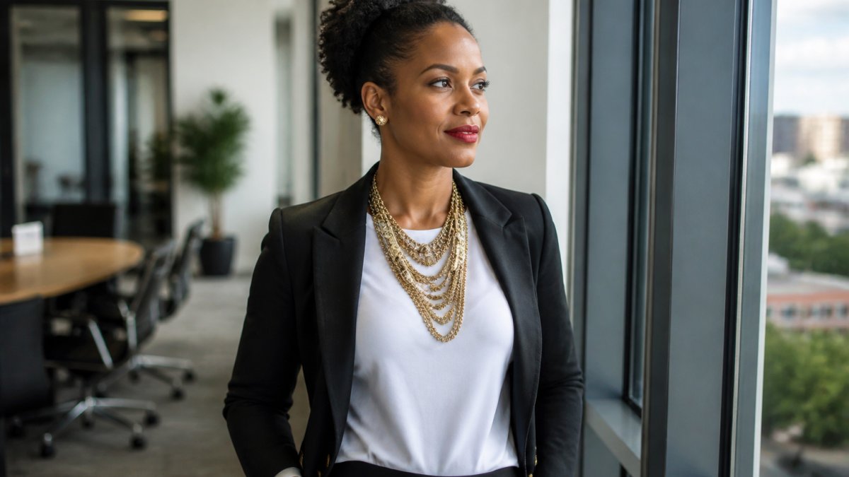 Professional woman wearing a bold layered statement necklace with a simple white tee and tailored black blazer, styled for everyday confidence in bright natural office lighting
