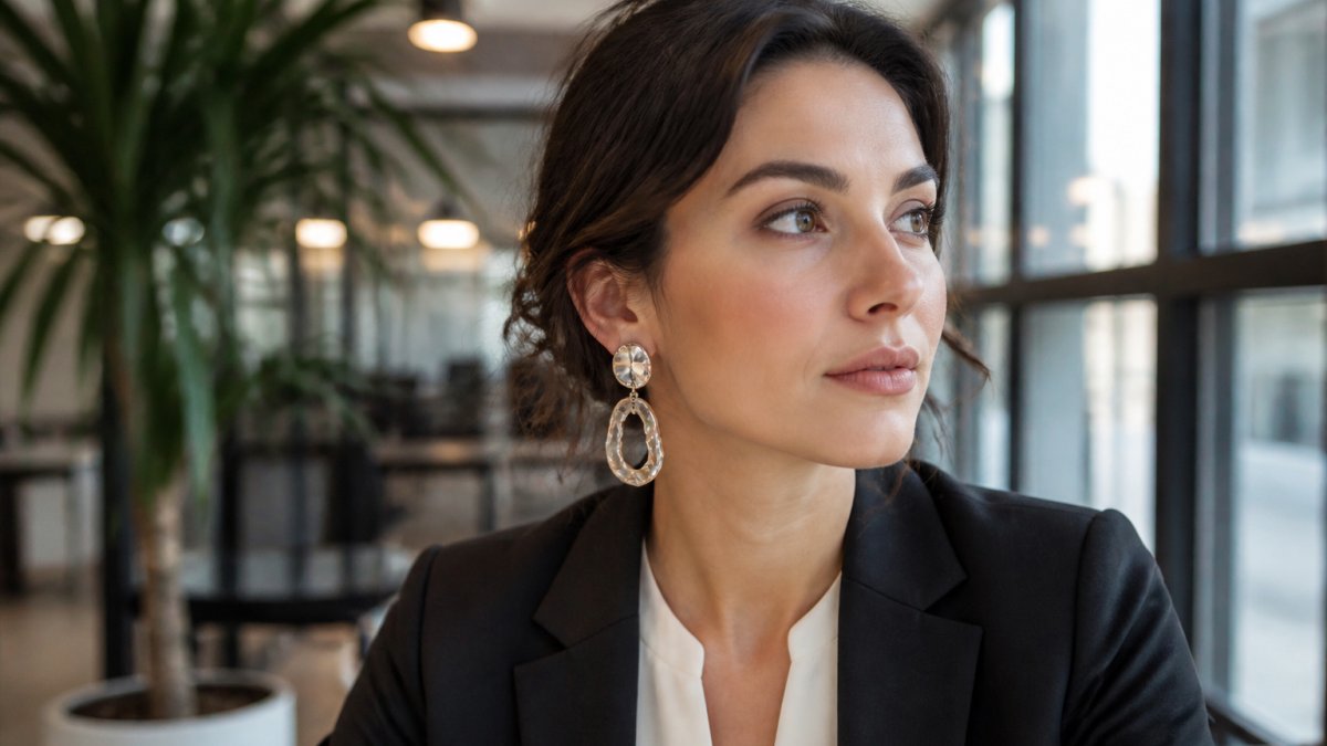 Professional woman in business casual attire wearing oversized statement earrings and a structured blazer, photographed from shoulders up in natural office lighting