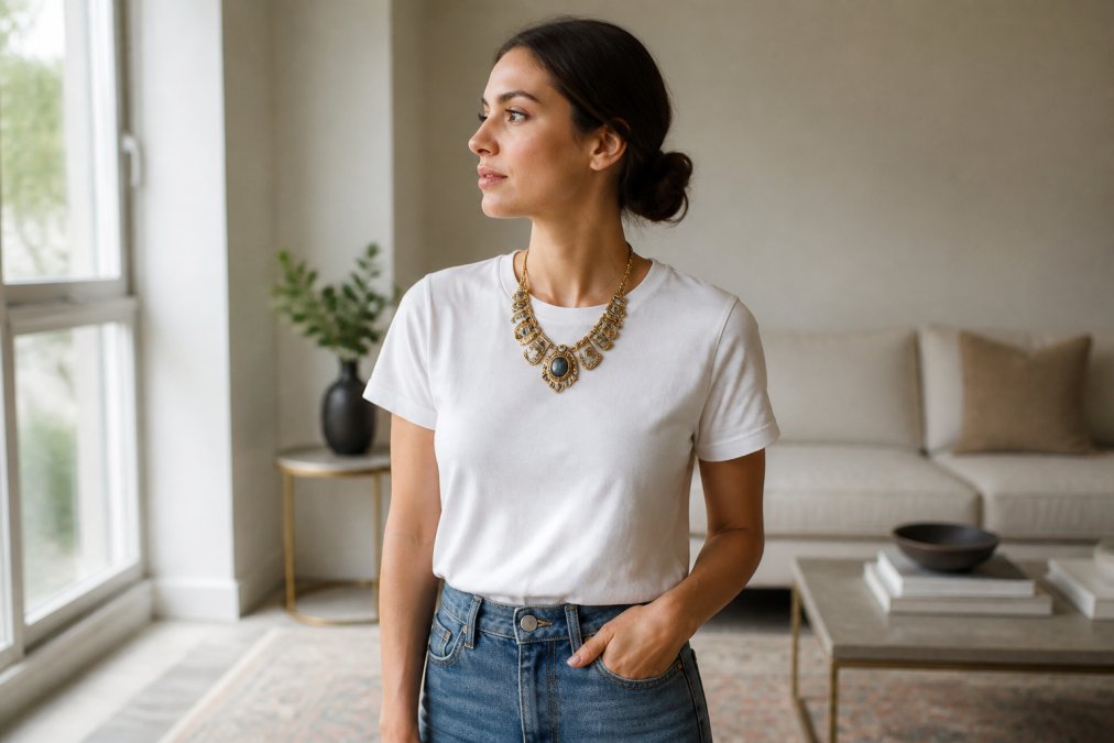 A woman with a low bun wearing a plain white t-shirt and blue jeans, accessorized with a large gold-plated gemstone necklace, standing in a bright, casual living room with natural window light