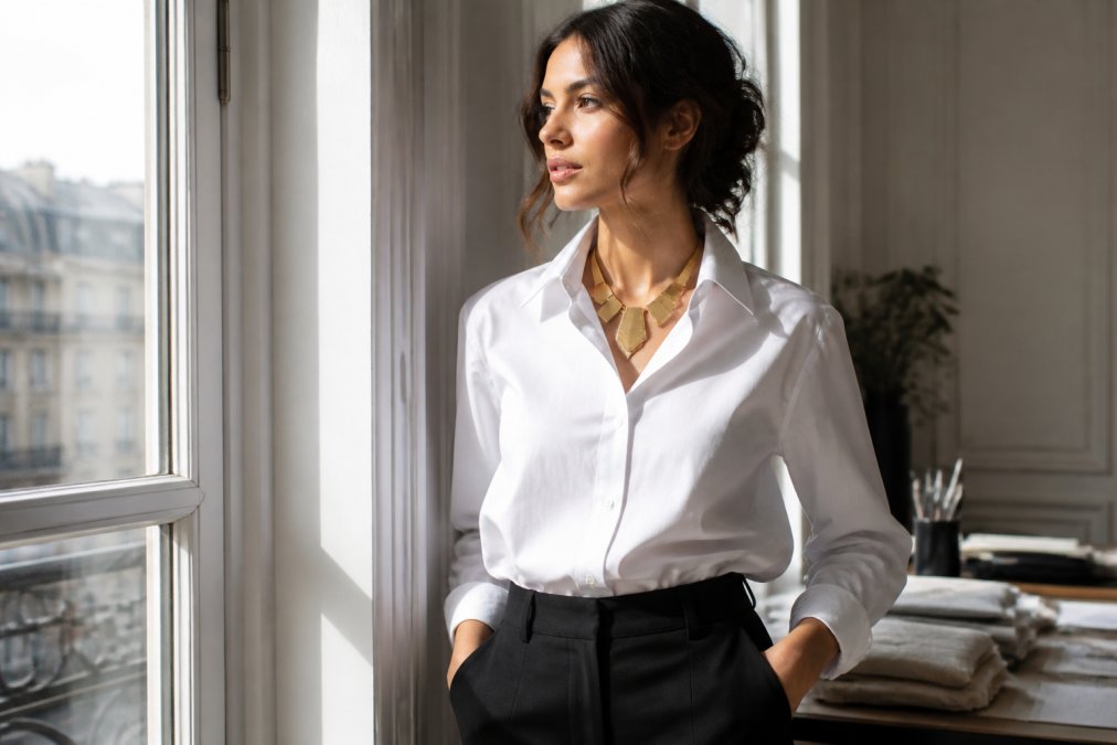 Young woman wearing a monochromatic neutral outfit with crisp white button-up shirt and tailored black trousers, paired with a bold gold architectural statement necklace with geometric shapes, standing in bright natural daylight by a window