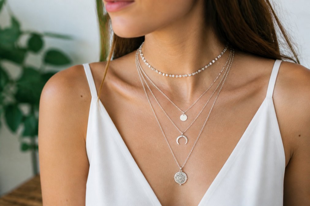Woman wearing multiple layered silver necklaces of varying lengths and styles, with delicate chains and small pendants arranged at different depths on the collarbone, demonstrating how layers work together harmoniously