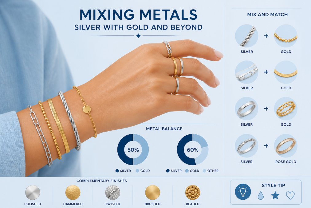 Close-up of a woman's wrist and hand displaying mixed metal bracelets and rings in silver and gold tones worn together harmoniously, showing how different metals complement each other on the skin